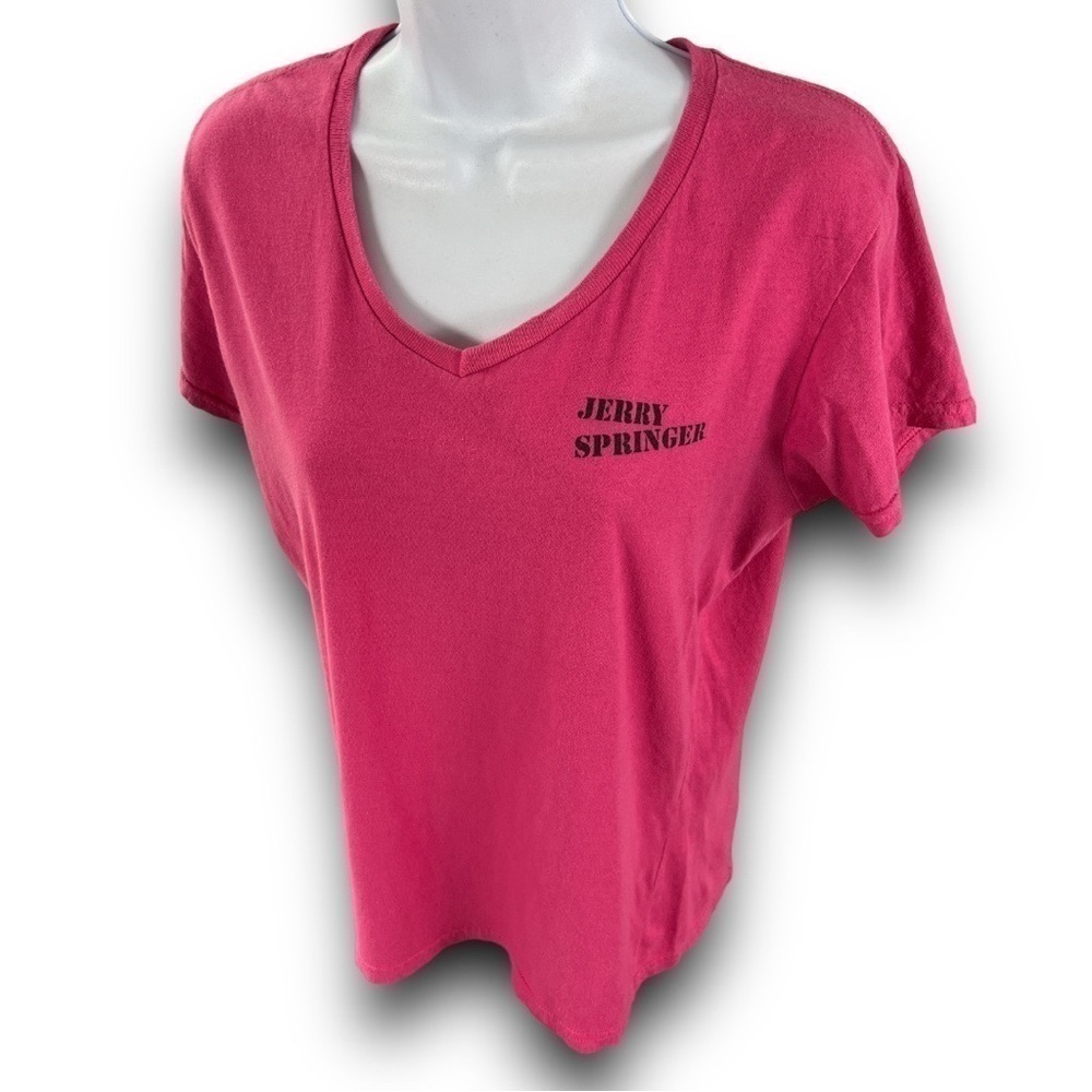 VINTAGE Jerry Springer Talkshow Pink V Neck SECURITY Short sleeve T-shirt Size M